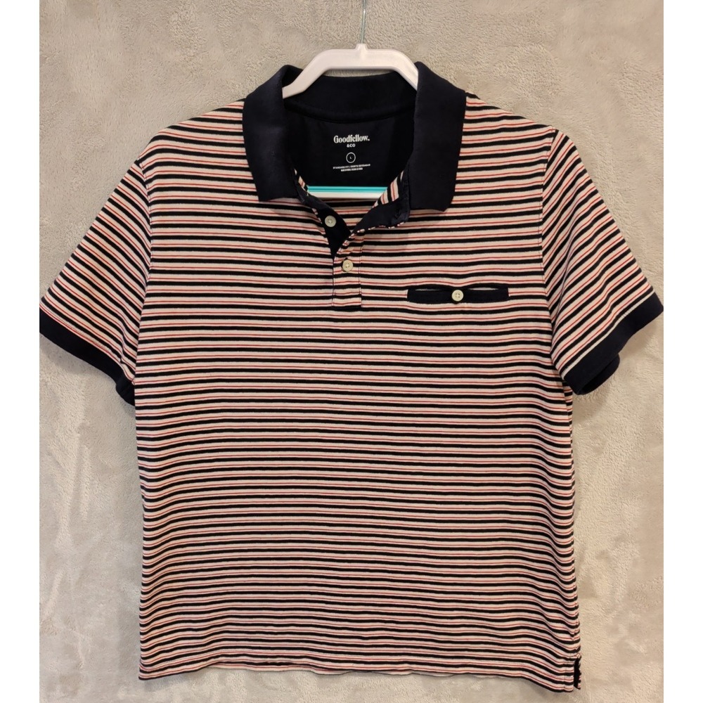 Goodfellow & Co Polo Shirt Mens L Striped Navy Red White Pocket Casual‎